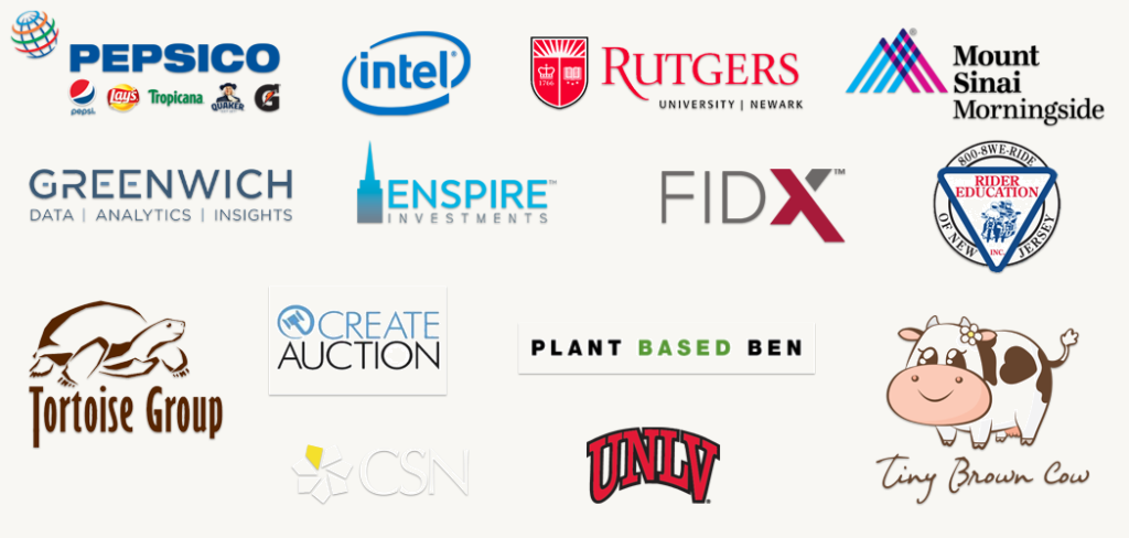 Logos of organizations LTMOD has worked with, including PepsiCo, Intel, Rutgers University, Mount Sinai Morningside, Greenwich, Enspire Investments, FIDx, Rider Education of New Jersey, Tortoise Group, Create Auction, Plant Based Ben, Tiny Brown Cow, CSN, and UNLV.